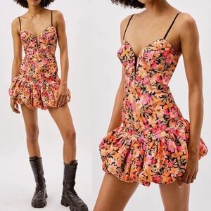 FOR LOVE & LEMONS SYLVIE MINI DRESS PLUNGE BUBBLE HEM Floral Size Large